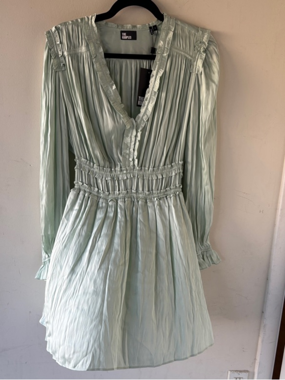 The Kooples Pale Mint Pleated Long-Sleeve V-Neck Dress
